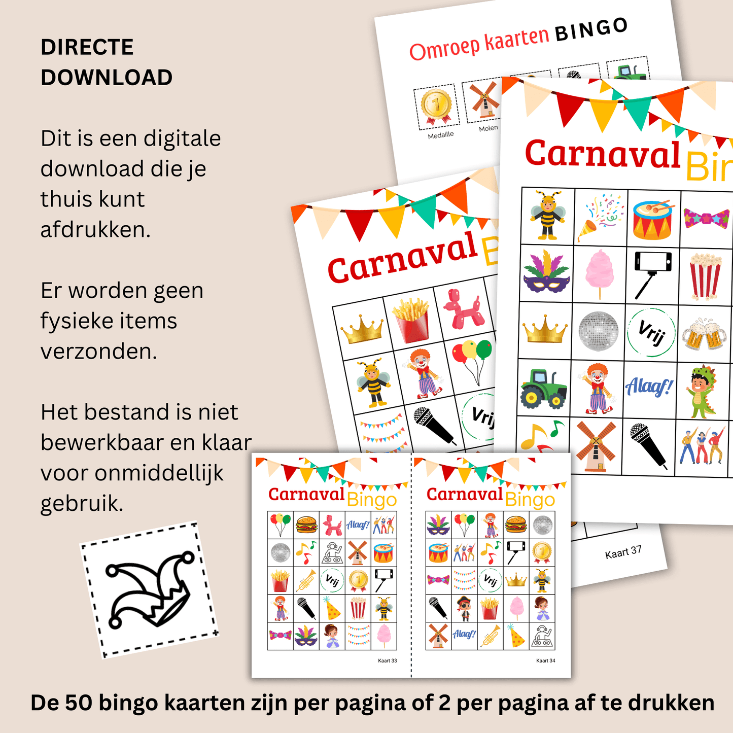 Carnavalsbingo voor grote groepen, perfect voor verenigingen, te spelen tot 50 personen