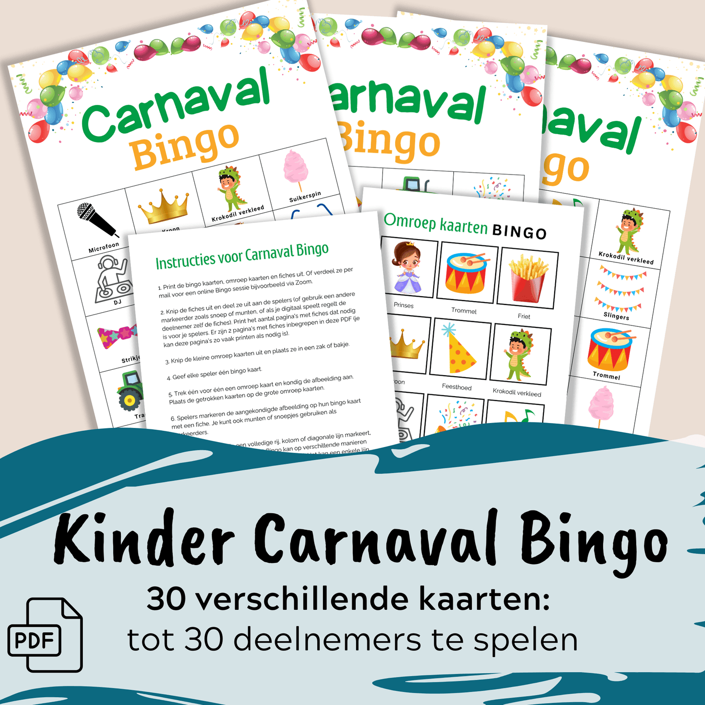 Educatieve Carnaval bingo voor basisschool – direct printen en spelen, tot 30 spelers