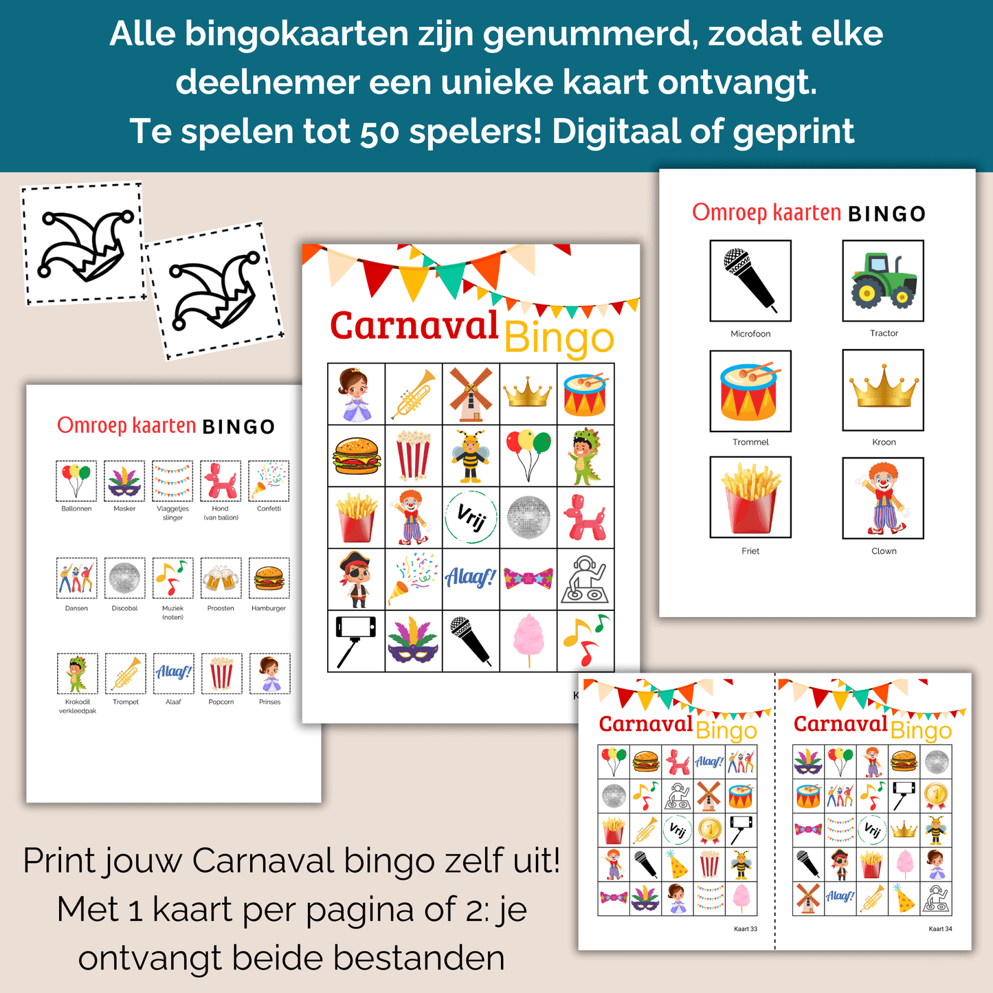 Download print en speel: Carnavalsbingo PDF met 50 unieke speelkaarten