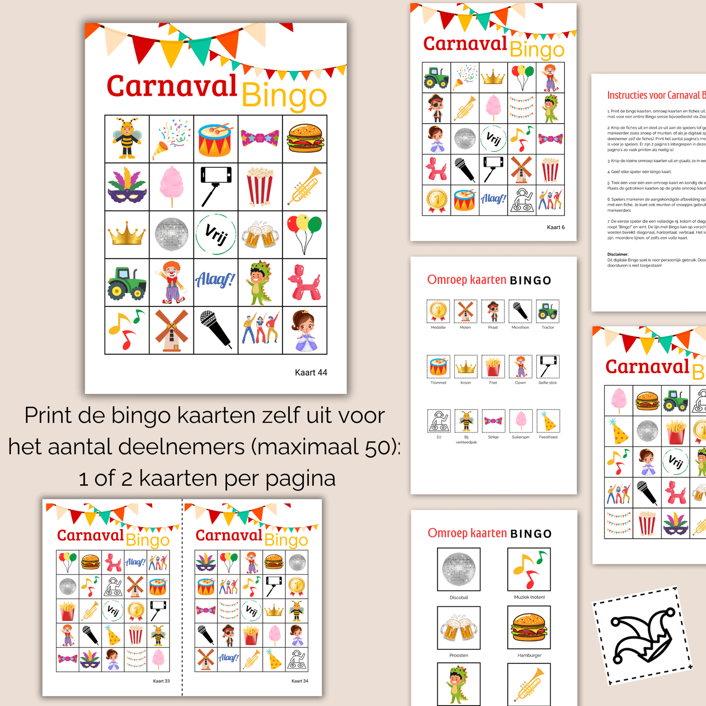 Carnavalsbingo spel met 50 kaarten, ideaal voor feestjes