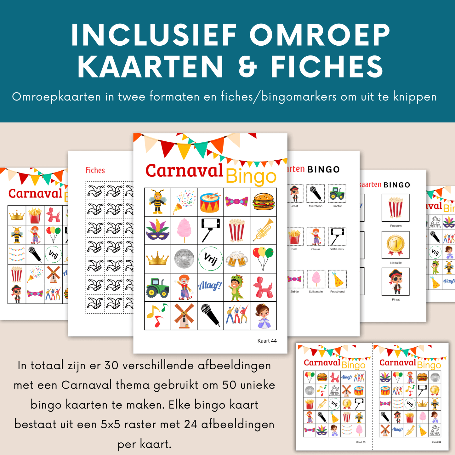 Digitale Carnavalsbingo PDF: eenvoudig printen en spelen, tot 50 personen