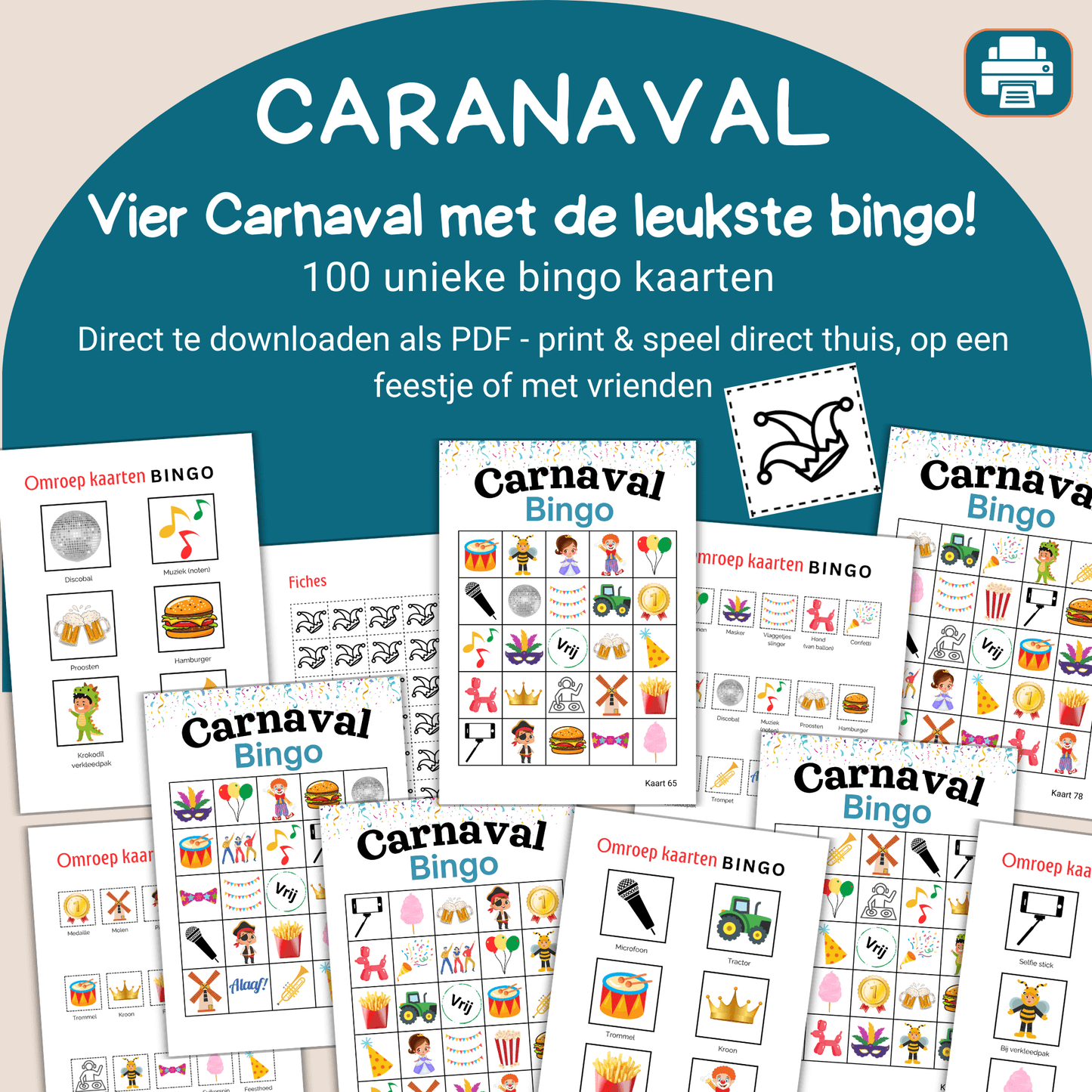 Uit te printen PDF Carnavalsfeest Bingo – ideaal voor elk carnavalsfeest, 100 bingo kaarten