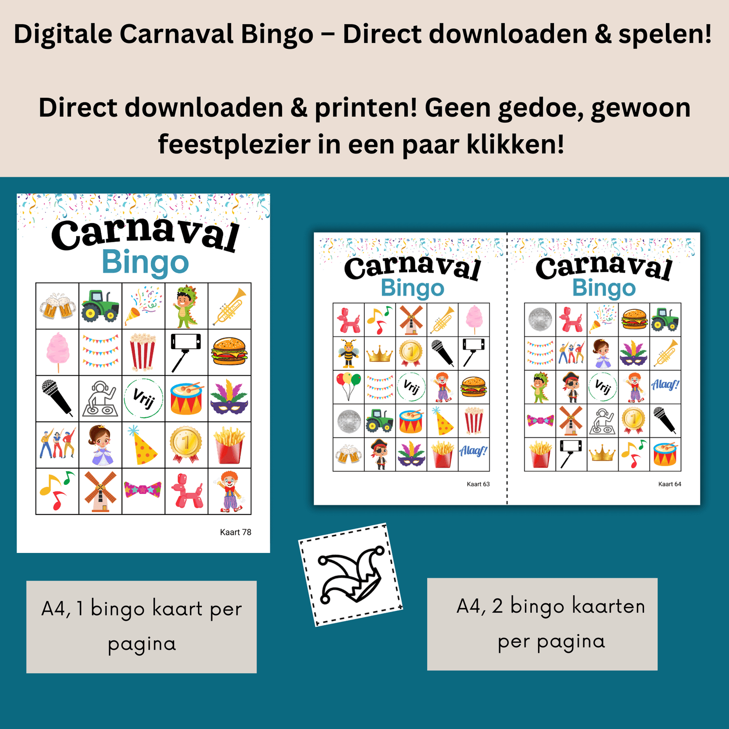 Carnavalsfeest Bingo voor grote groepen – 100 kaarten inbegrepen