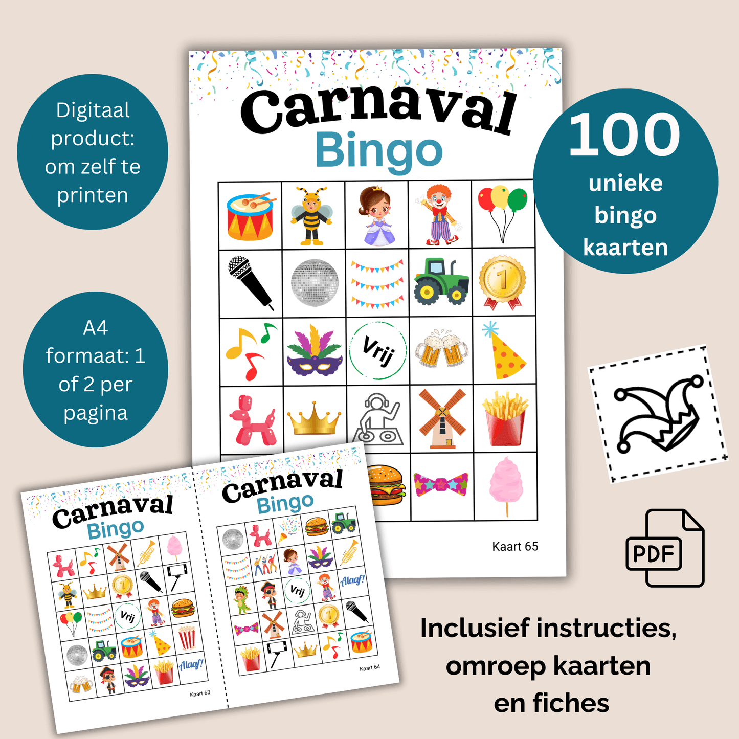Digitale Carnavalsfeest Bingo – eenvoudig te downloaden en printen, te spelen tot 100 personen