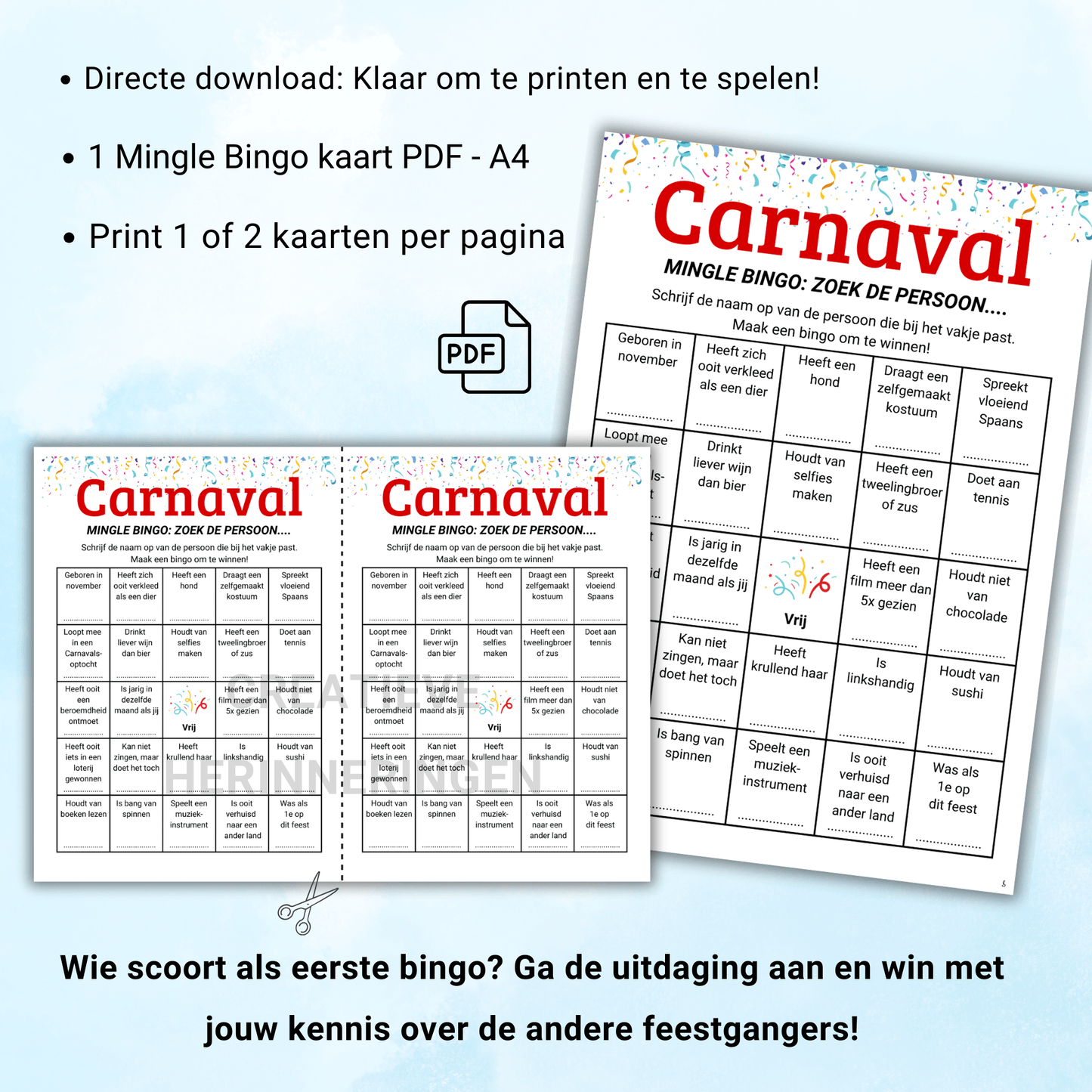 Printbare Carnavals Quiz Mingle Bingo voor grote groepen, pdf om te downloaden en te printen