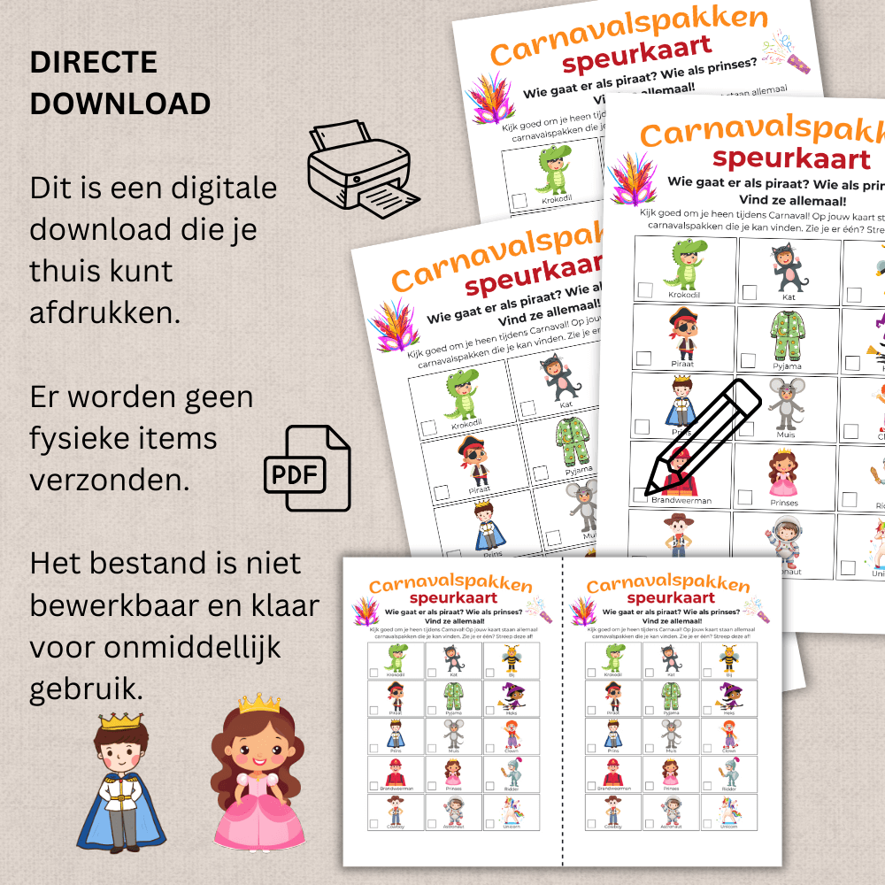 Laat kinderen speuren naar kleurrijke outfits tijdens het Carnavalsfeest met deze speurkaart