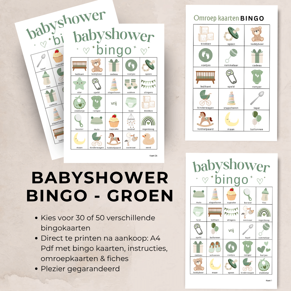Zelf te printen groene babyshower bingo met uitleg, omroepkaarten en fiches, 30 kaarten