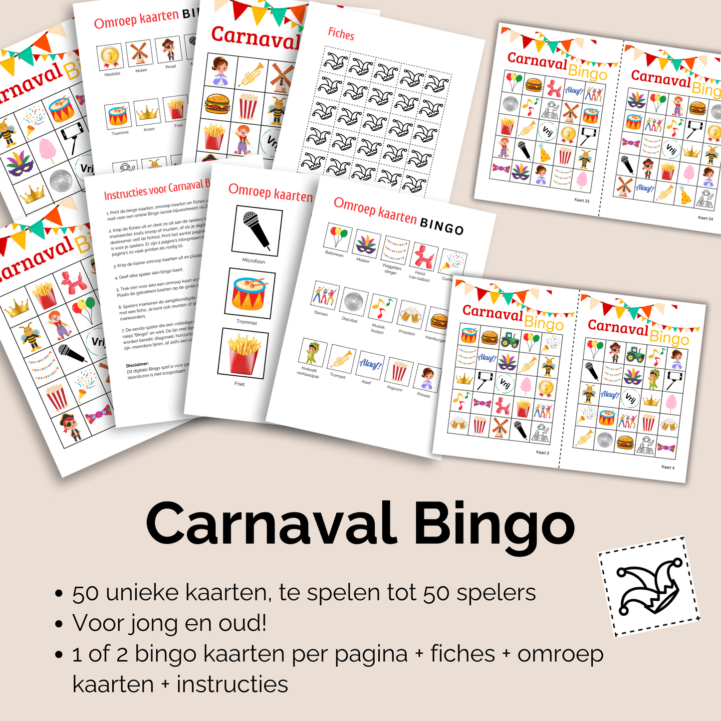 Carnavalsbingo als PDF met kleurrijke afbeeldingen in Carnval thema, met 50 unieke bingo kaarten