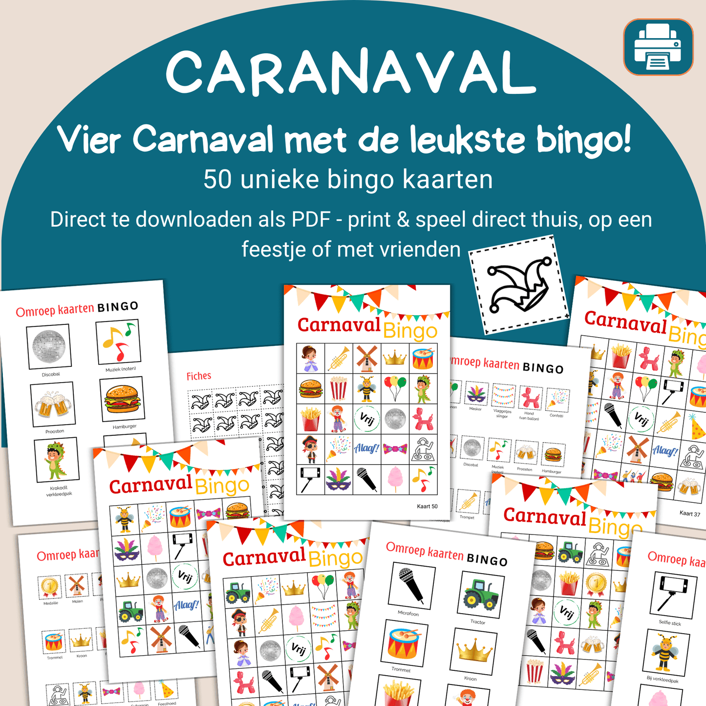 Carnavalsbingo met 50 unieke bingo kaarten, direct te downloaden
