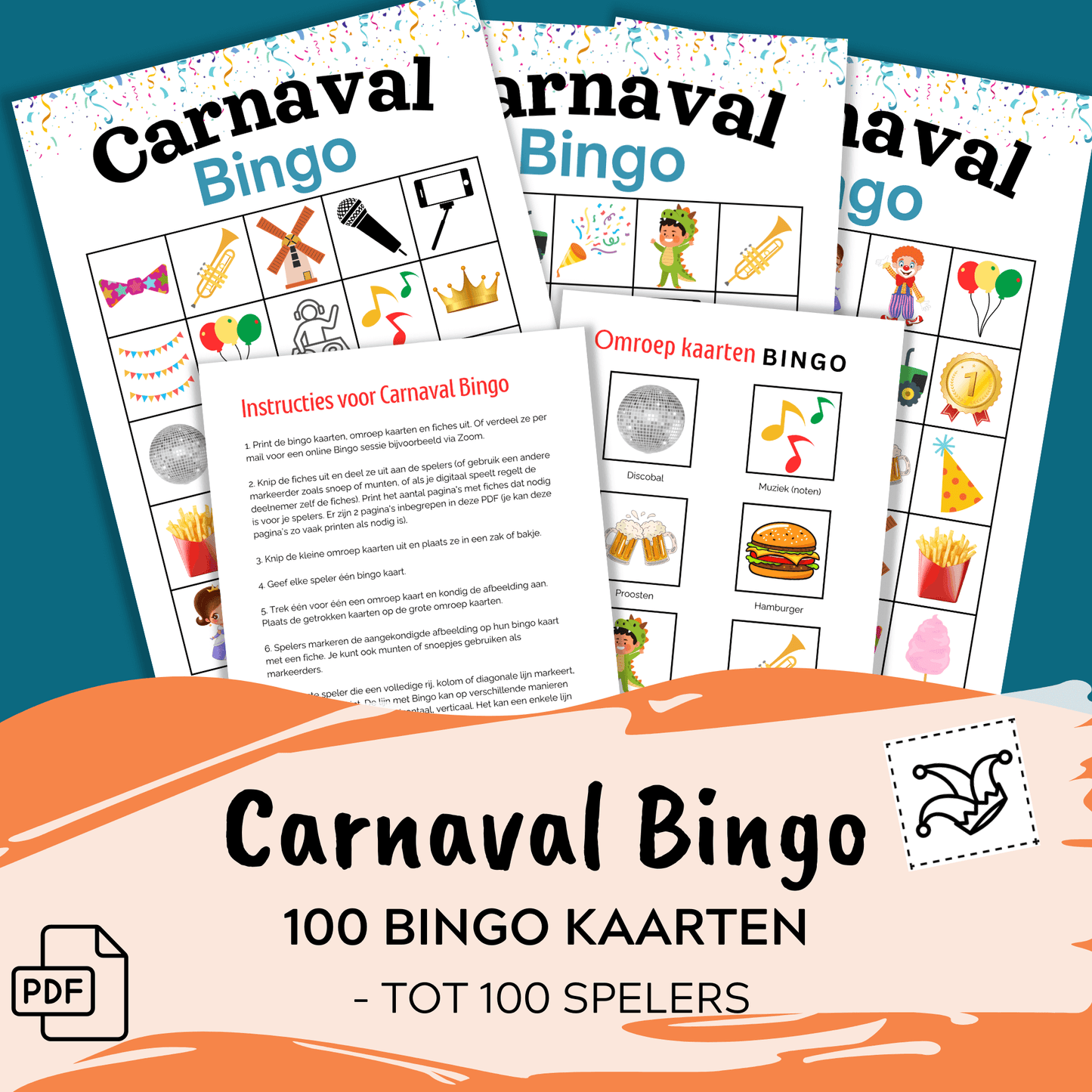 Carnavalsfeest Bingo – 100 unieke kaarten in printbare PDF
