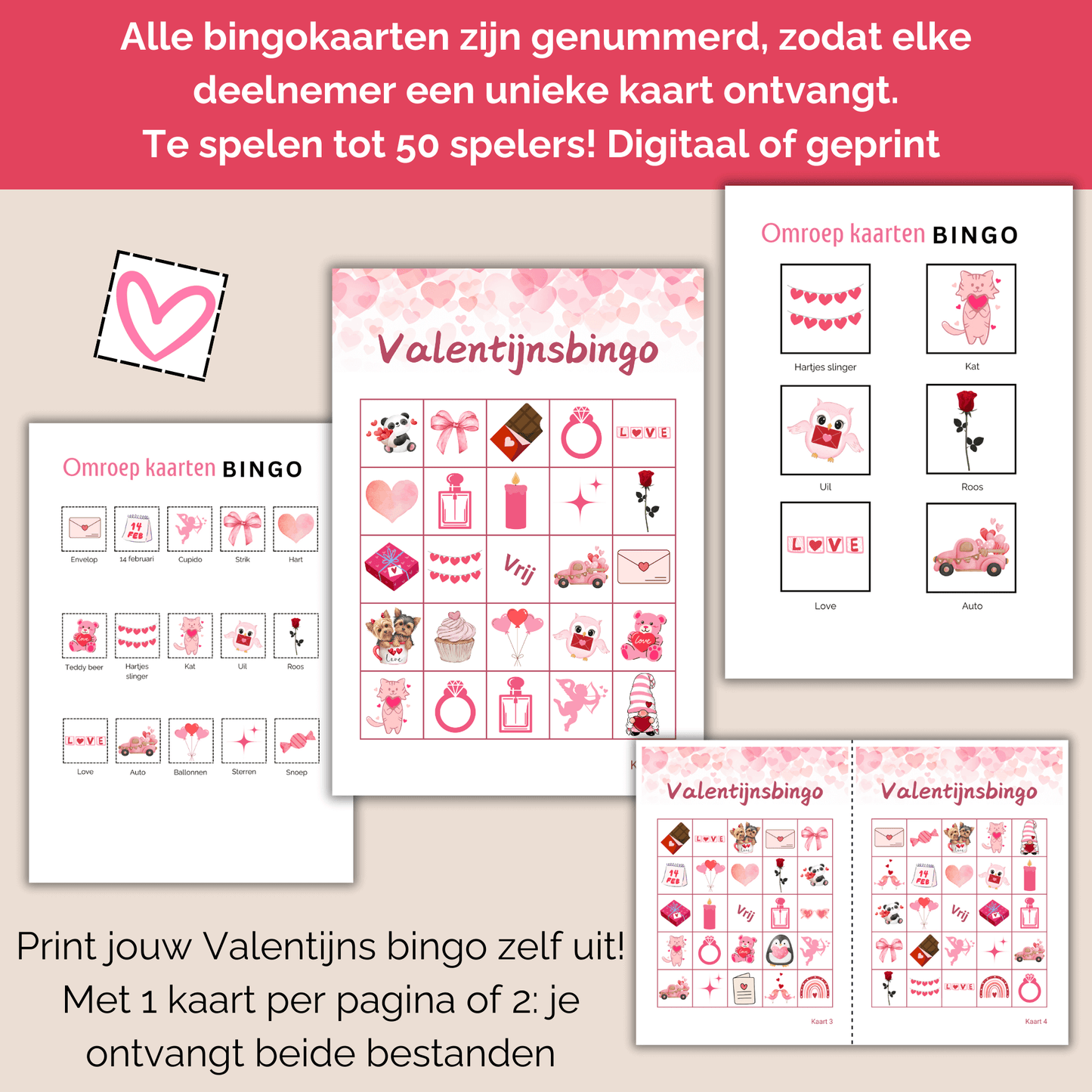 Valentijnsdag spel: Printbare bingo met 50 verschillende kleurrijke bingo kaarten