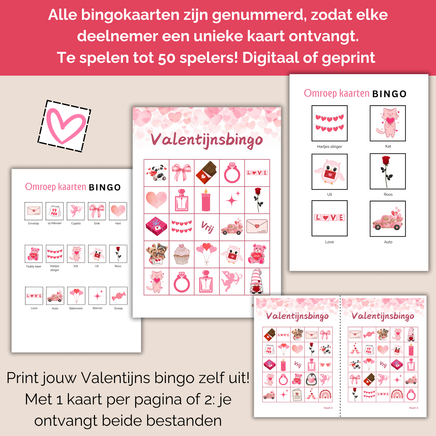 Valentijnsdag spel: Printbare bingo met 50 verschillende kleurrijke bingo kaarten