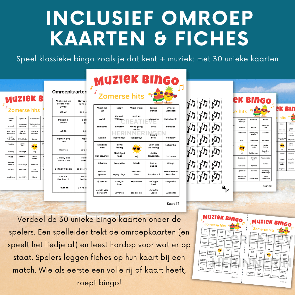 Zomerse muziekbingo met vrolijke zomerliedjes en 30 unieke kaarten