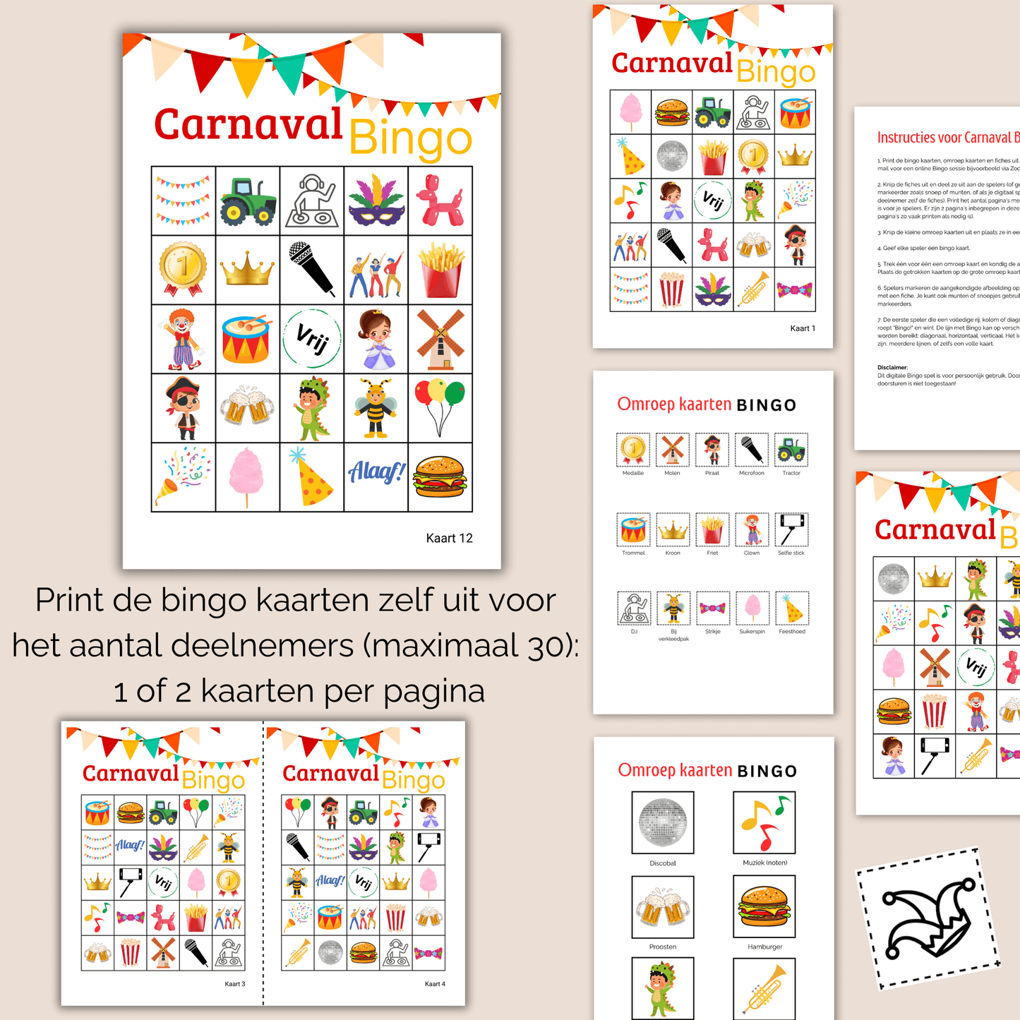 Printbare Carnaval spelletje bingo voor basisschool en thuis