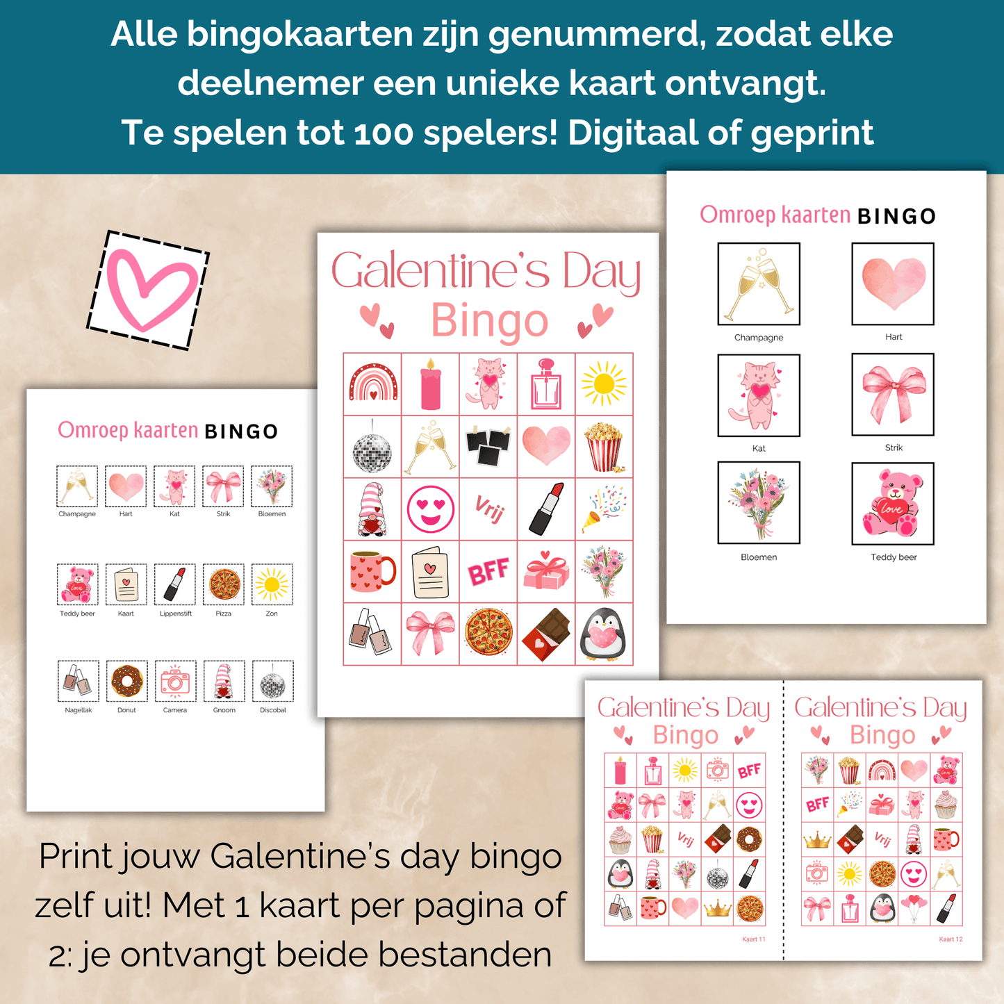 Digitale bingo voor Galentine's Day, geschikt voor groepen tot 100 personen