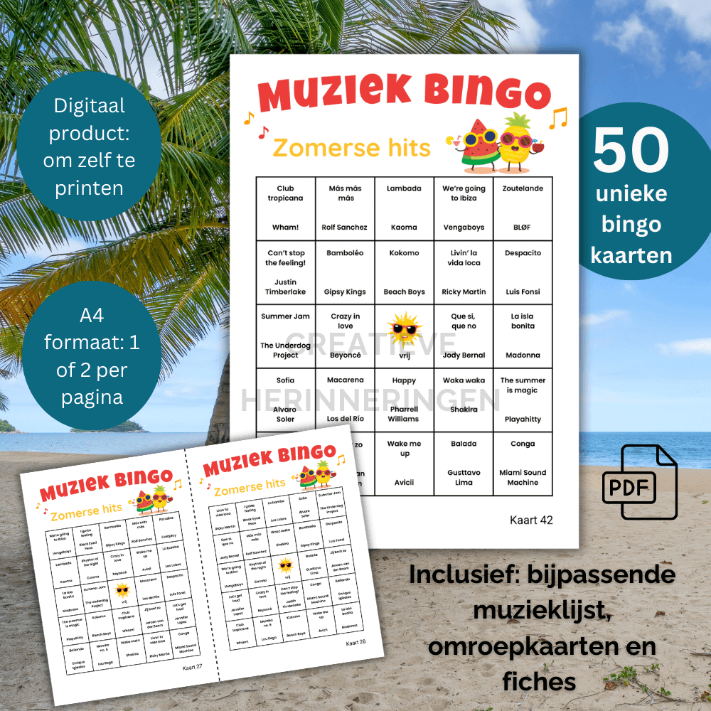 Uit te printen muziekbingo vol zomerhits en duidelijke instructies voor jouw zomerfeestje (50 bingo kaarten)
