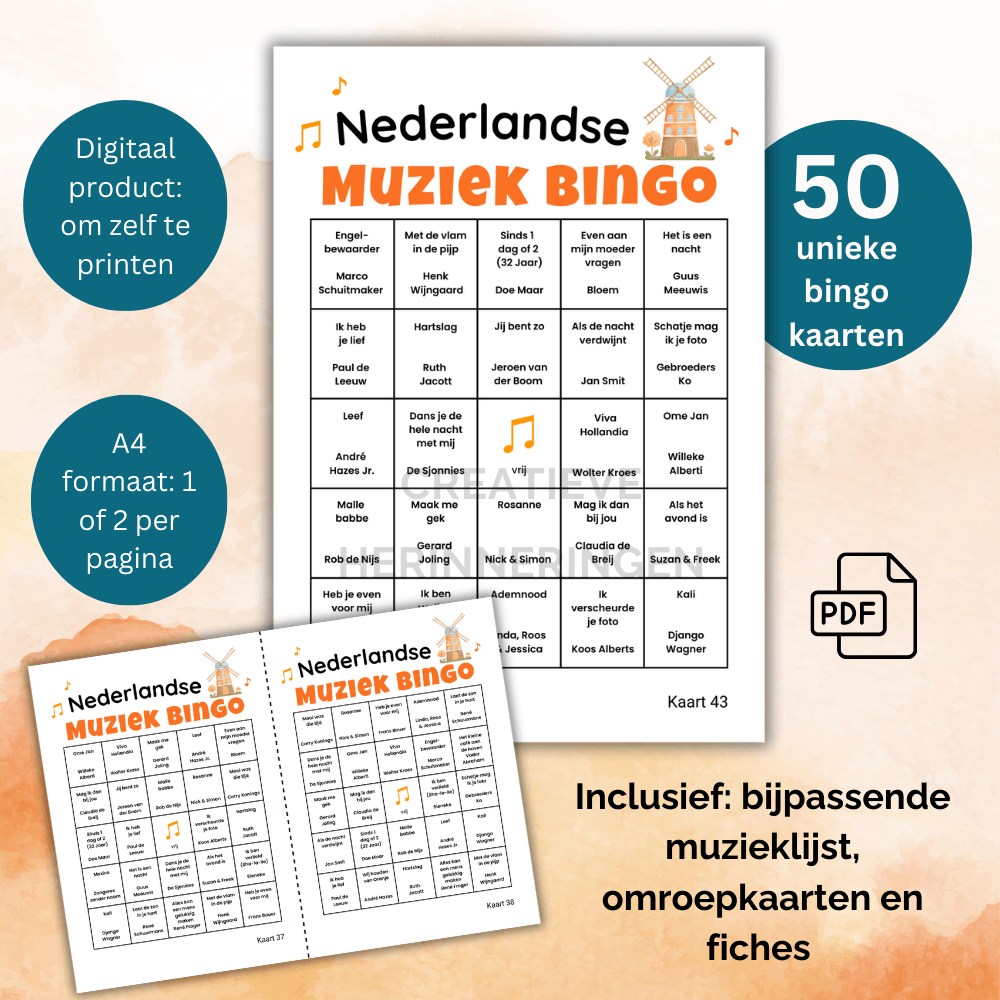 Muziekbingo voor volwassenen en teams met Nederlandse hits - 50 kaarten