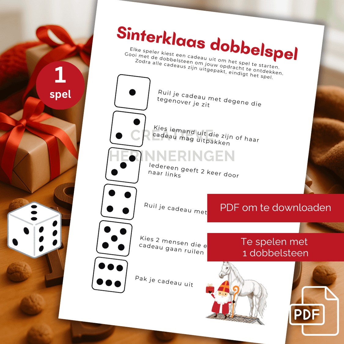 Dobbelspel voor Sinterklaas met 1 dobbelsteen als te printen A4-bestand