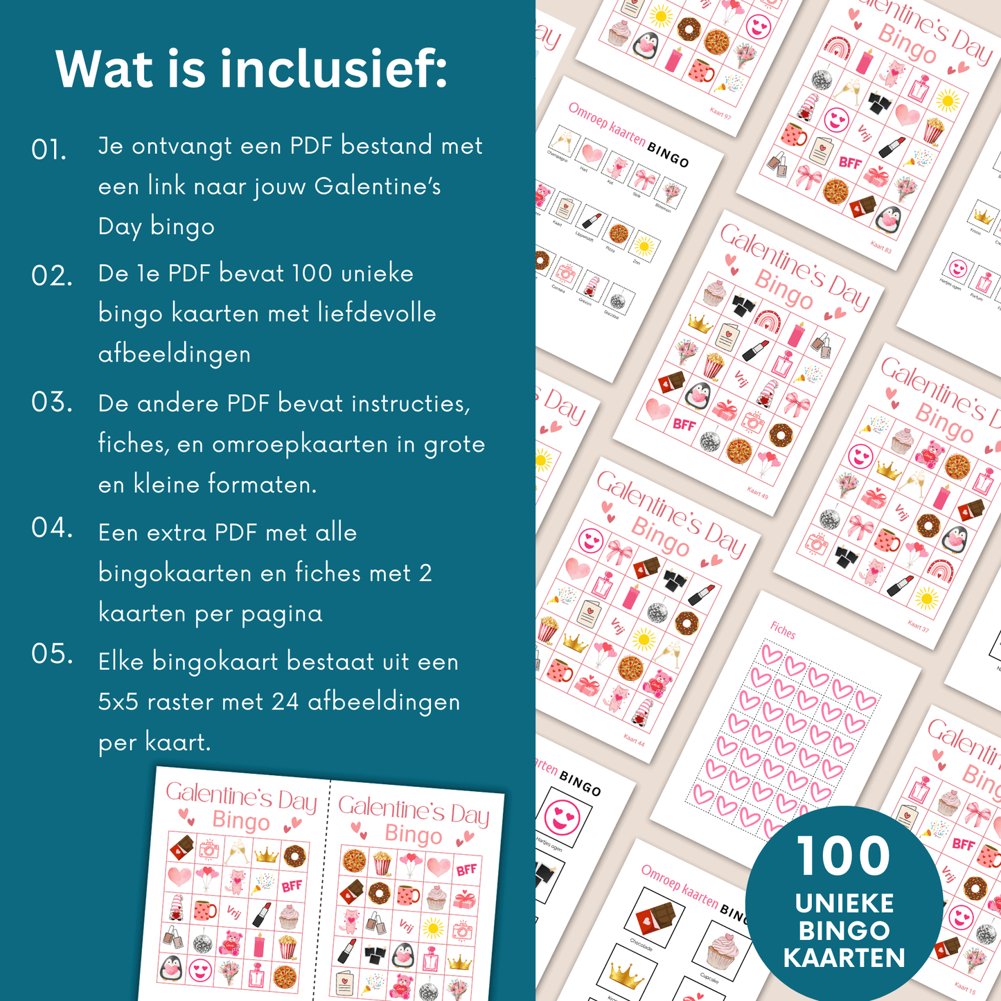 Galentine's Day bingo voor vriendinnen, tot 100 spelers