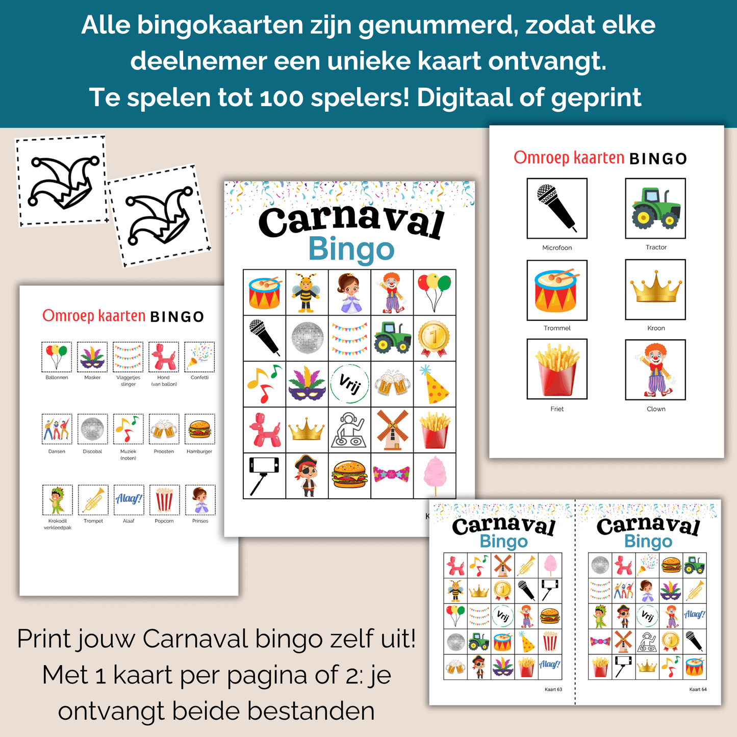 Te downloaden Carnavalsfeest Bingo met 100 unieke kaarten