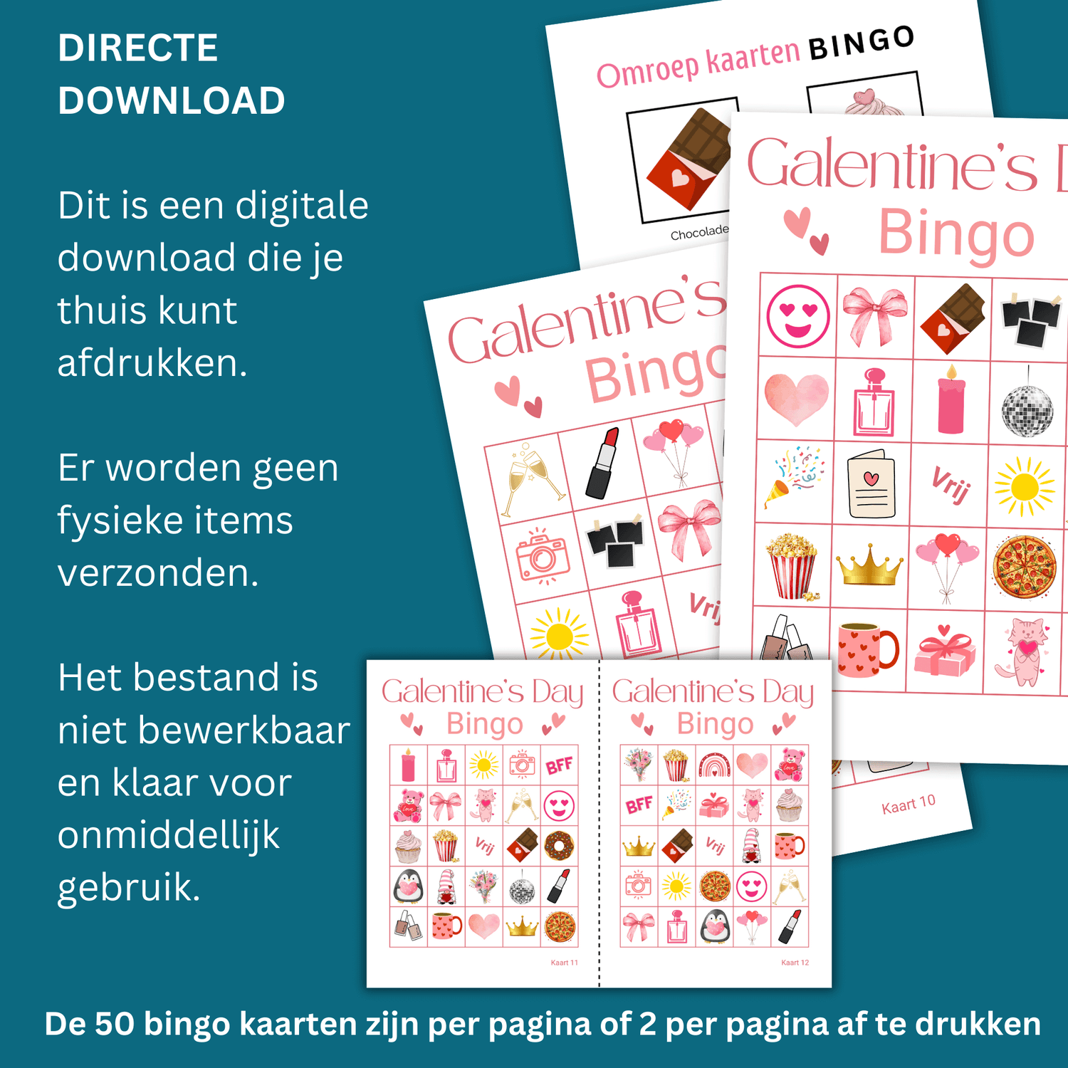 Galentine dag bingo: uit te printen spel met 50 unieke bingo kaarten