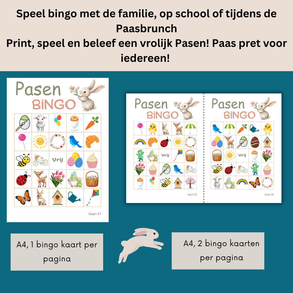 Pasen bingo spel voor grote groepen, direct te printen en te spelen, 50 unieke kaarten.