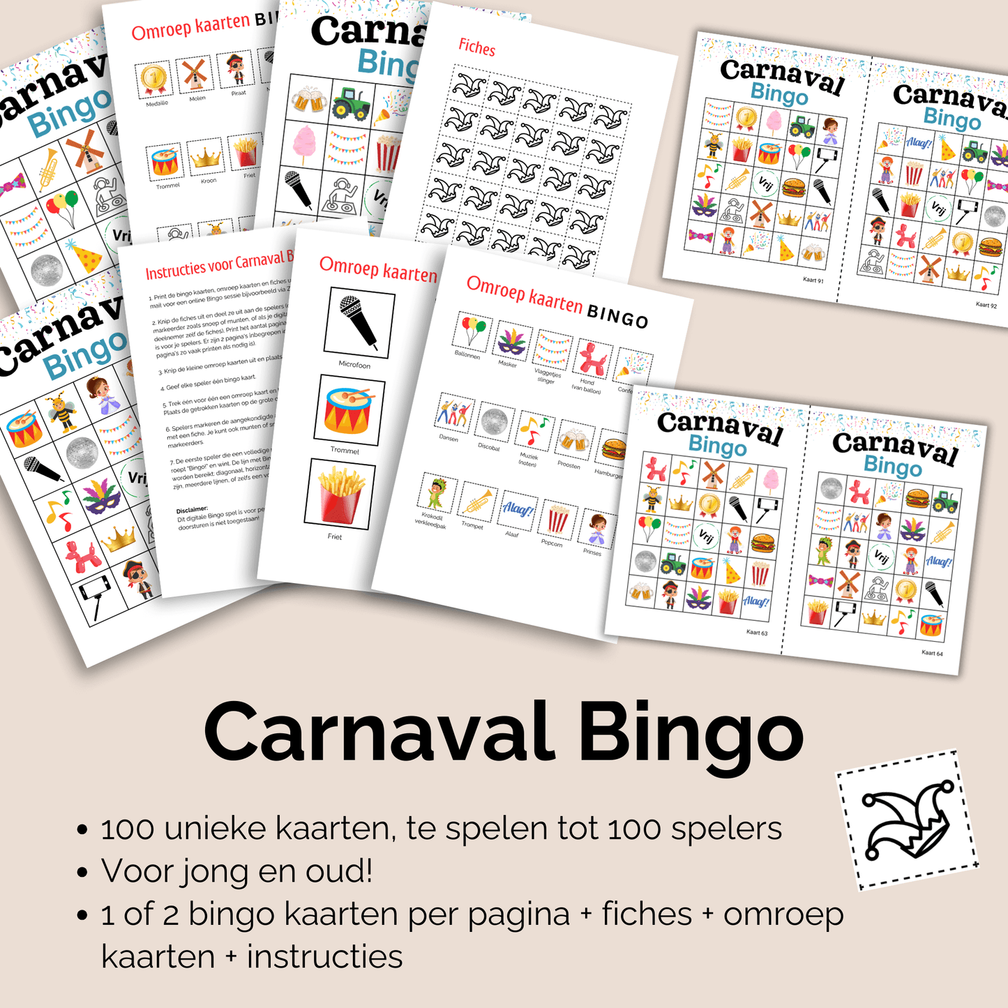 Speel Carnavalsfeest Bingo met vrienden, familie of collega’s, met 100 verschillende bingo kaarten