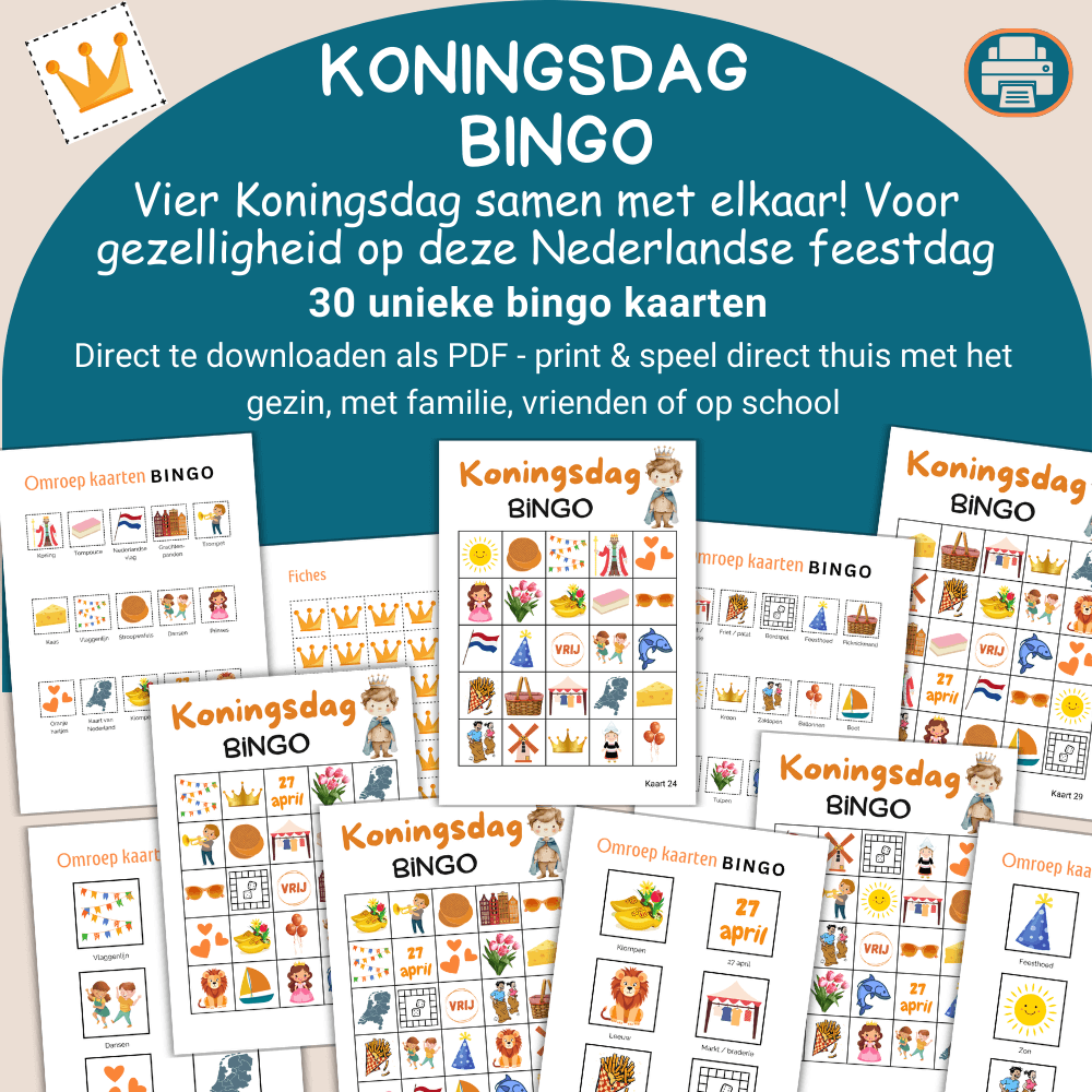 Digitaal Koningsdag Bingo spel met 30 unieke kaarten, direct te gebruiken.