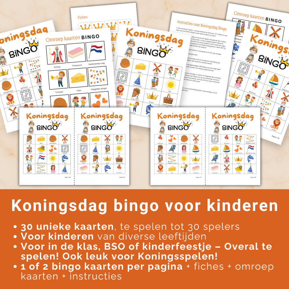 Koningsspelen bingo is een feestelijke activiteit voor de hele klas, 30 kinderbingo kaarten.