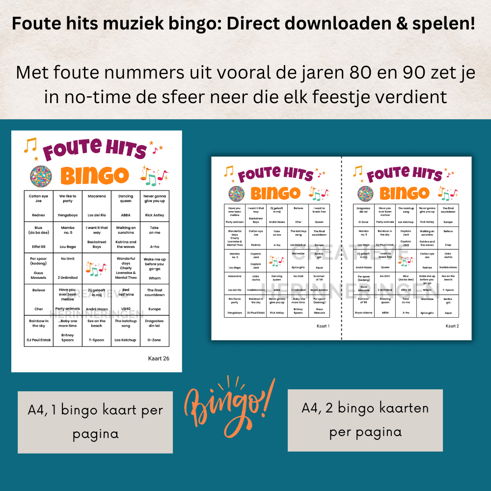 Foute hits muziek bingo met 30 kaarten om direct te downloaden en te spelen