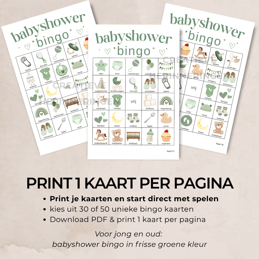 Genderneutraal babyshower bingo spel in groene kleur voor feestje voor aanstaande moeder