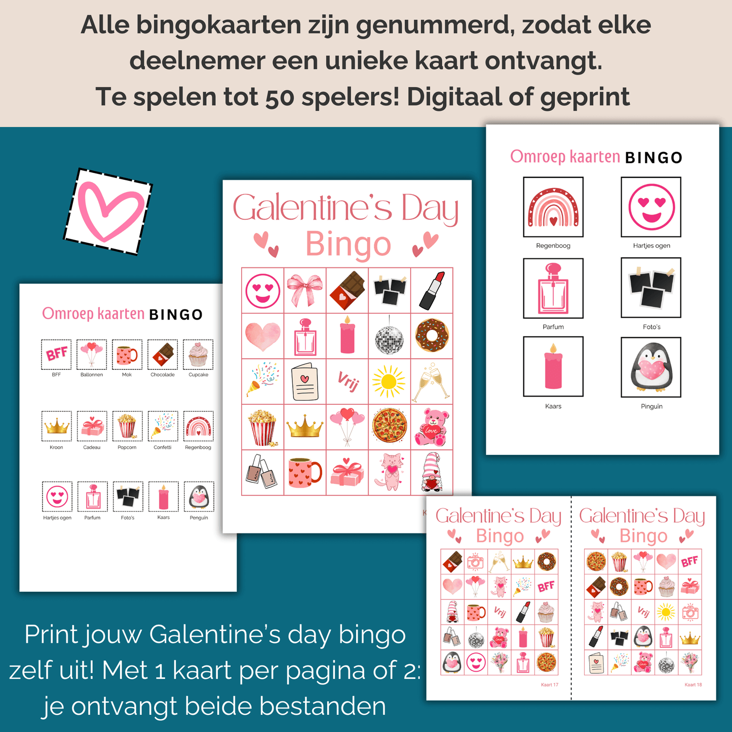 Galentine bingo PDF om te printen voor vriendinnen en groepen dames