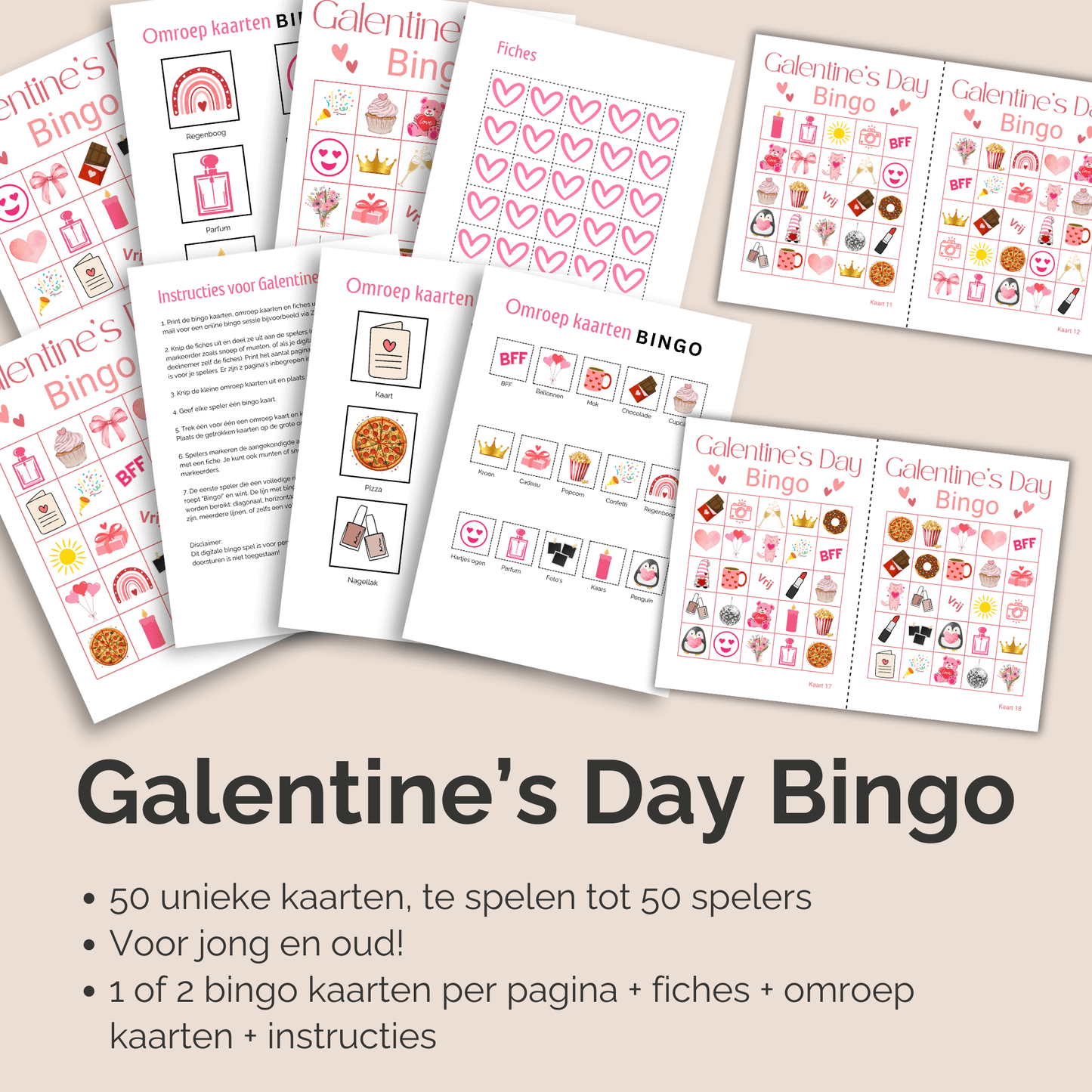 Digitale Galentine bingo met 50 unieke bingo kaarten om te printen