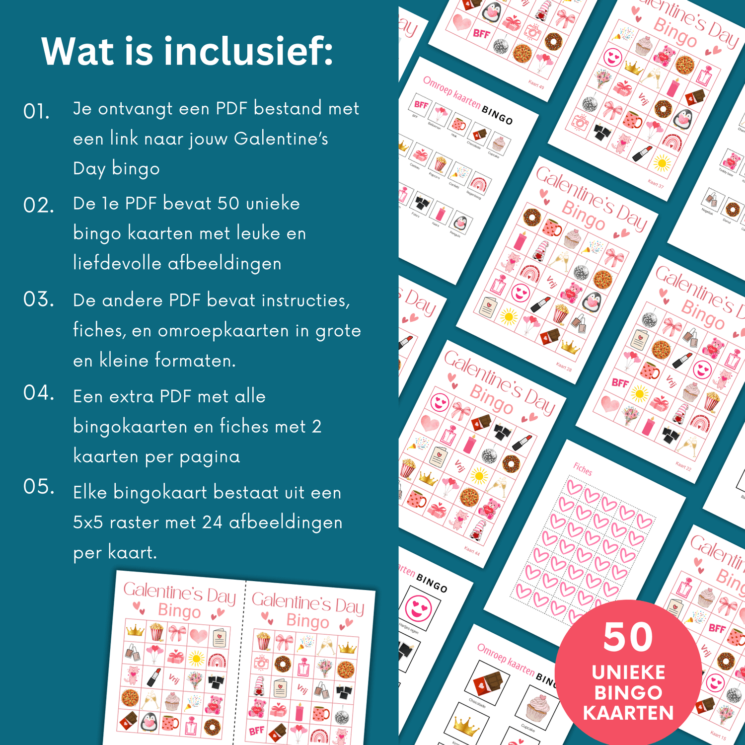 Galentine activiteit: digitaal bingo spel met 50 printbare kaarten PDF