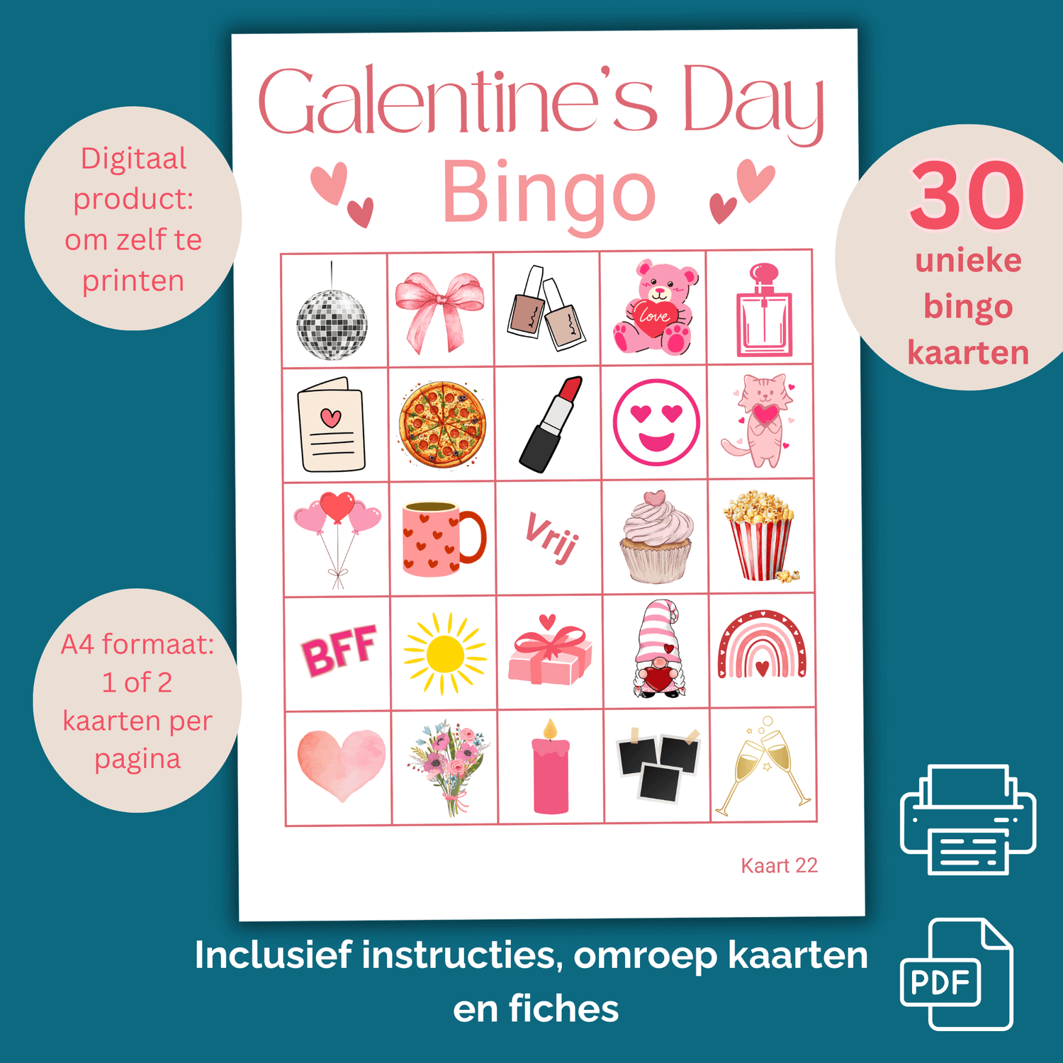 Galentine Day bingo: 30 unieke bingo kaarten als te downloaden en uit te printen PDF