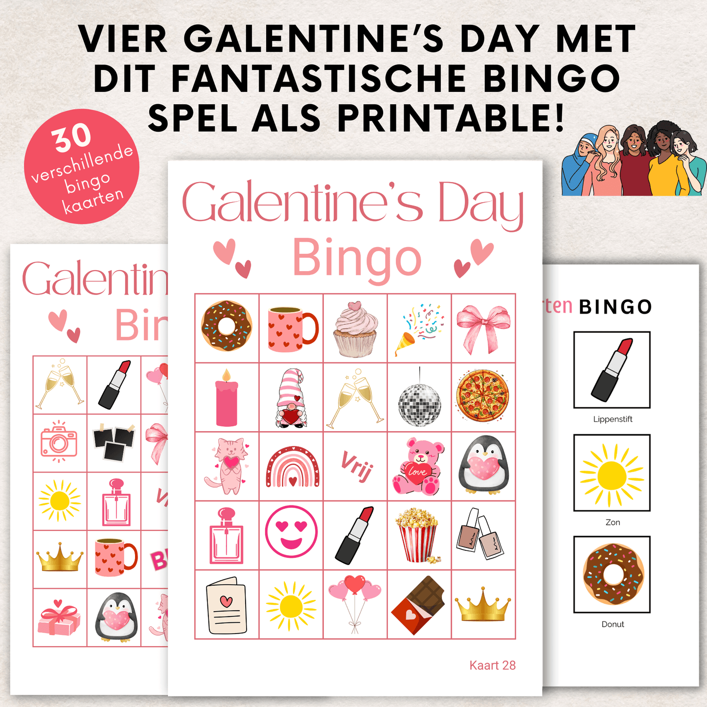 Galentine Day activiteit: digitale bingo PDF met 30 unieke bingo kaarten