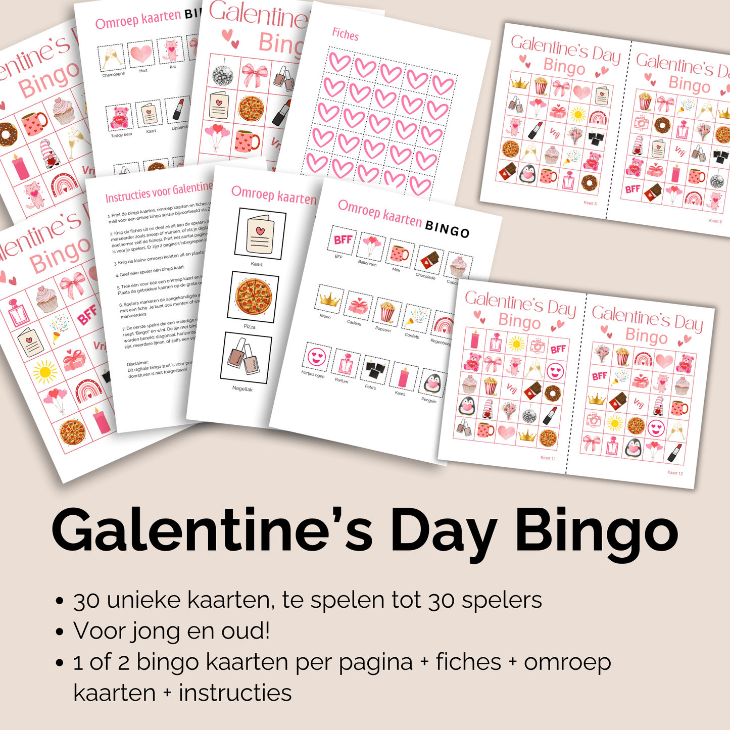 Te downloaden en uit te printen bingo voor Galentine Day: 30 verschillende bingokaarten