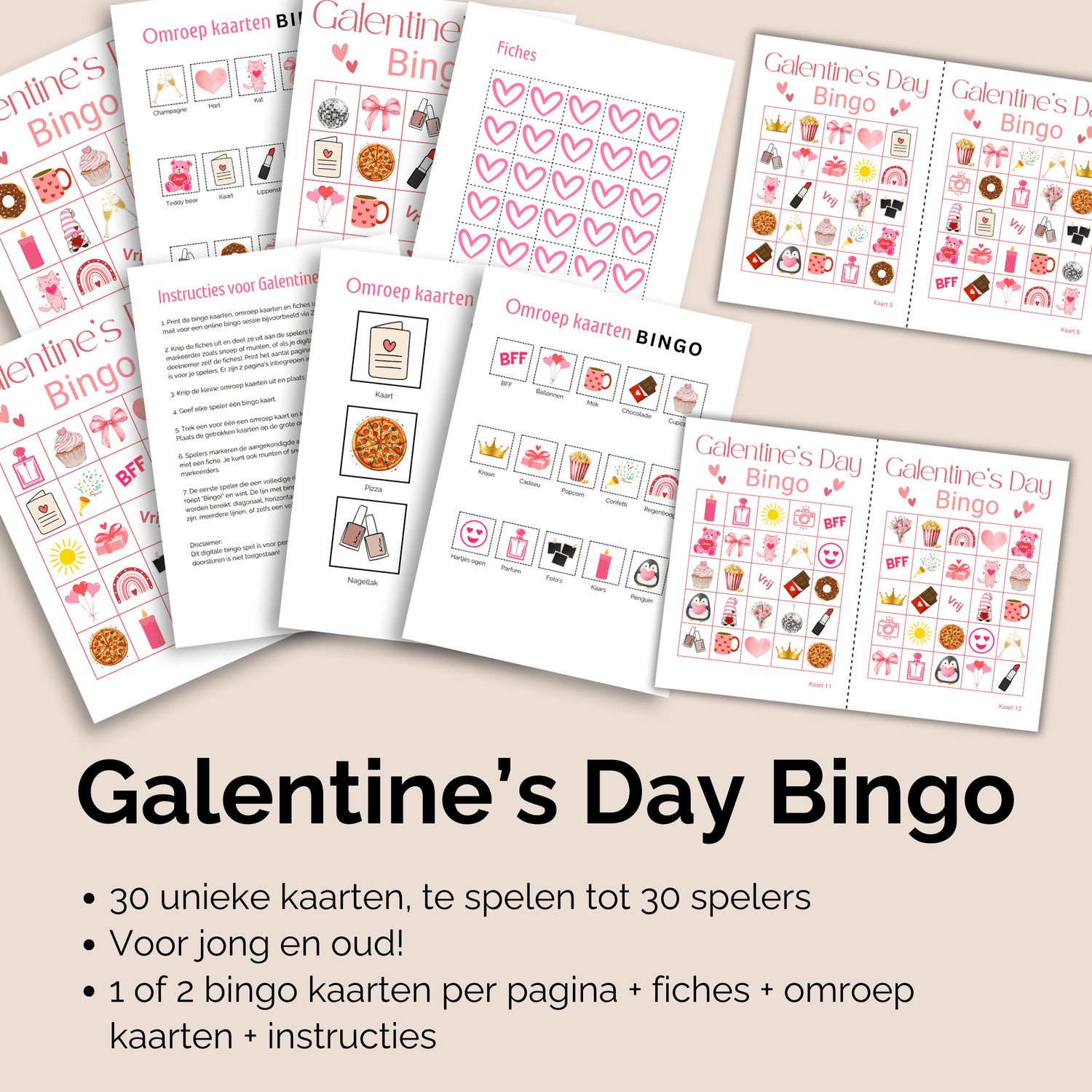 Te downloaden en uit te printen bingo voor Galentine Day: 30 verschillende bingokaarten