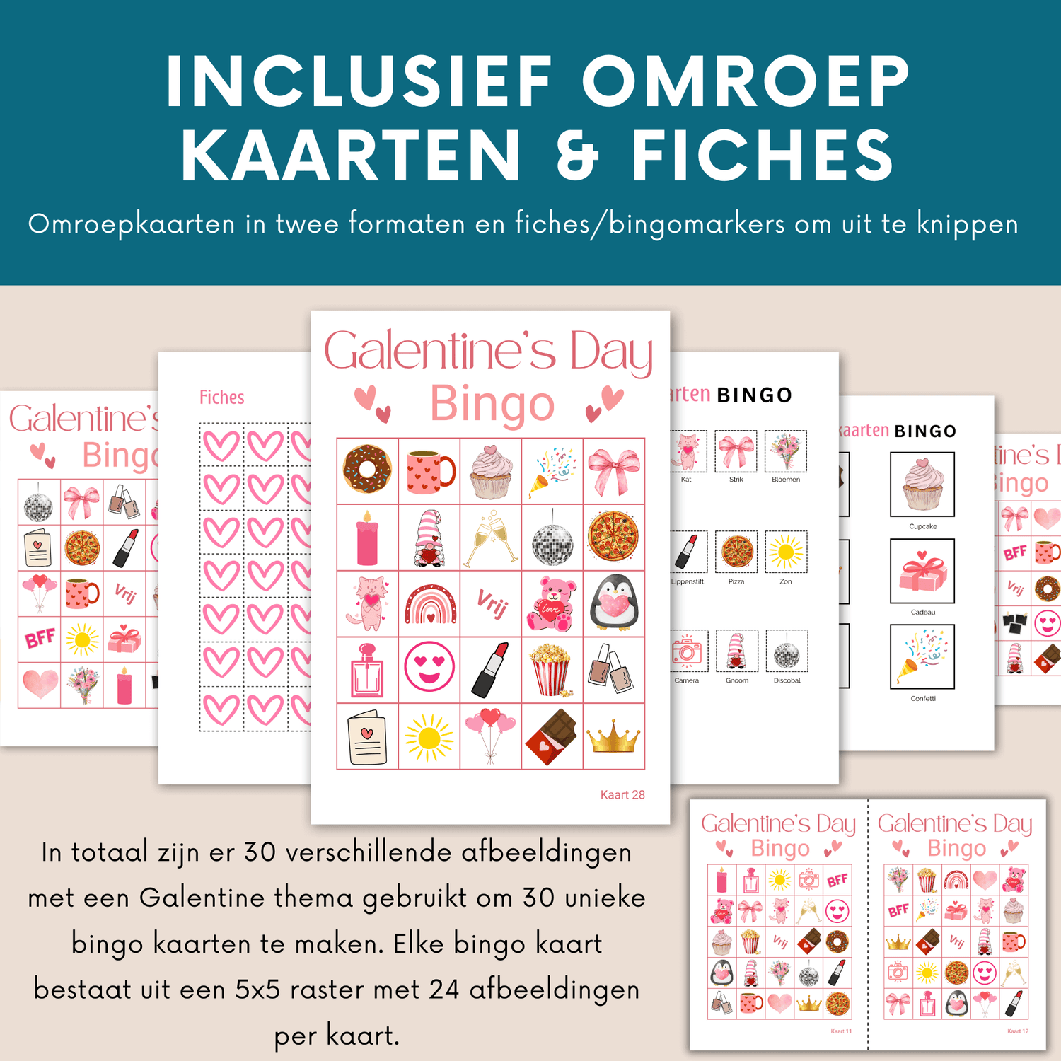 Vier Galentine Day met een liefdevolle bingo in PDF-formaat, 30 verschillende bingo kaarten