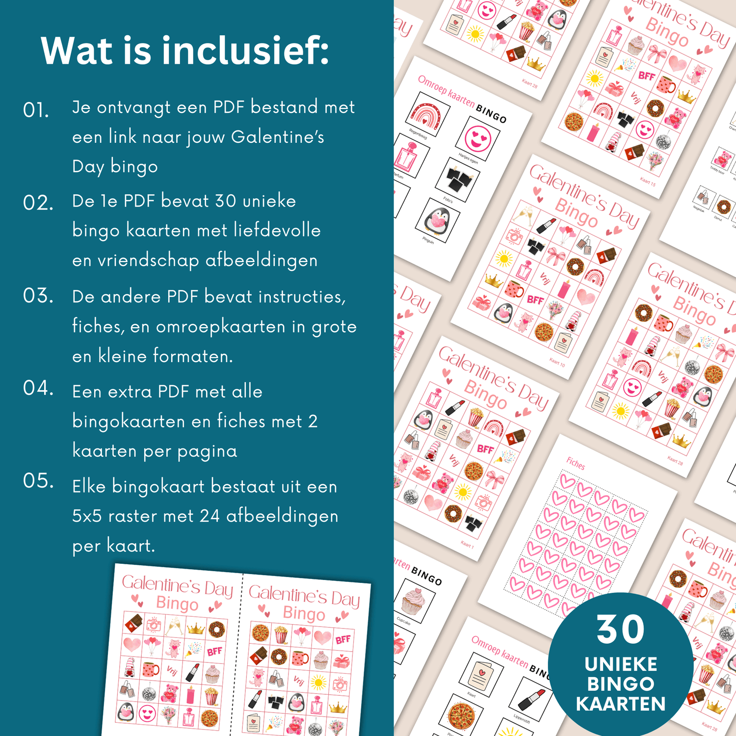 Digitale Galentine Day bingo: PDF voor een gezellige avond, tot 30 deelnemers