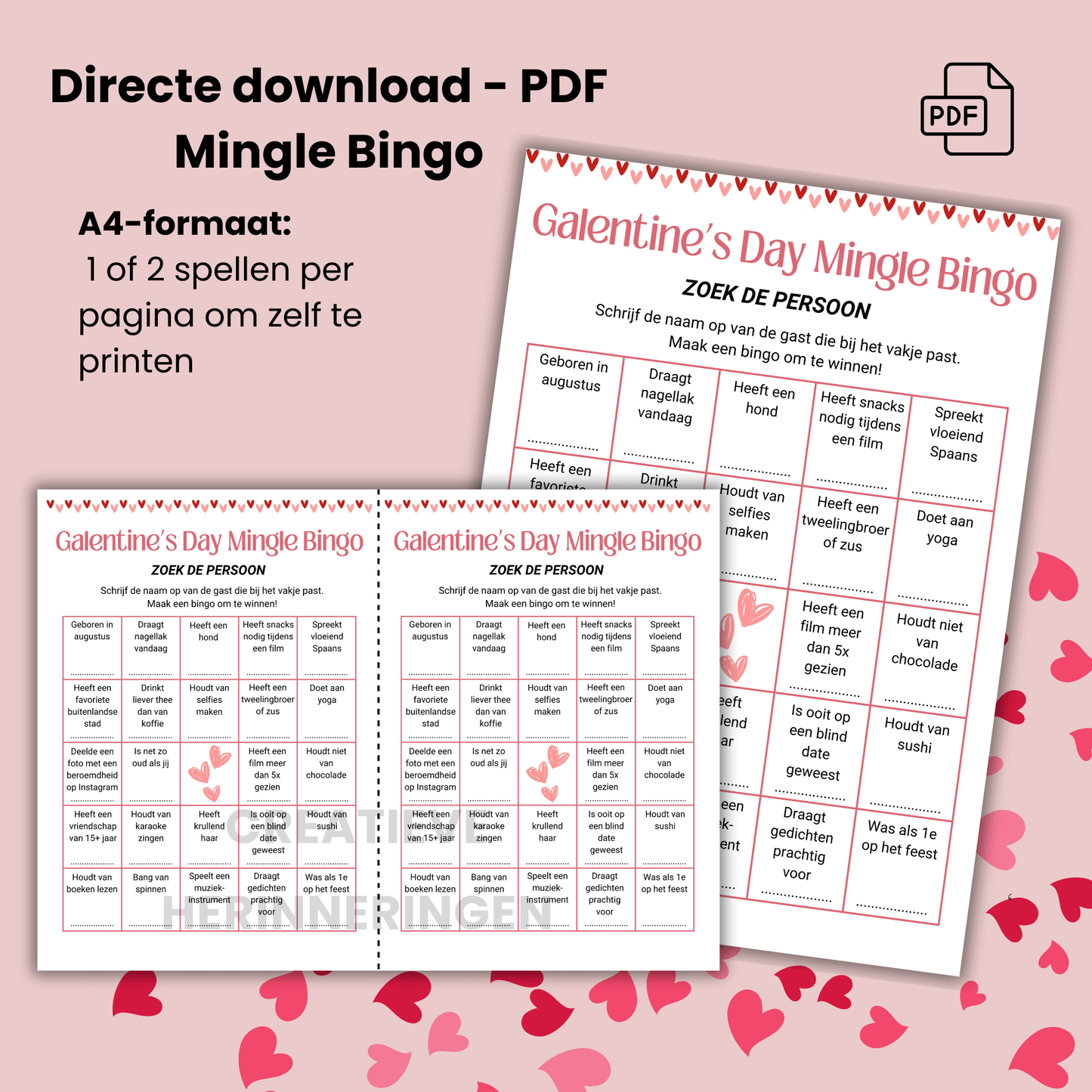 Interactief feest spel voor vriendinnen: Galentine Mingle Bingo in PDF-formaat