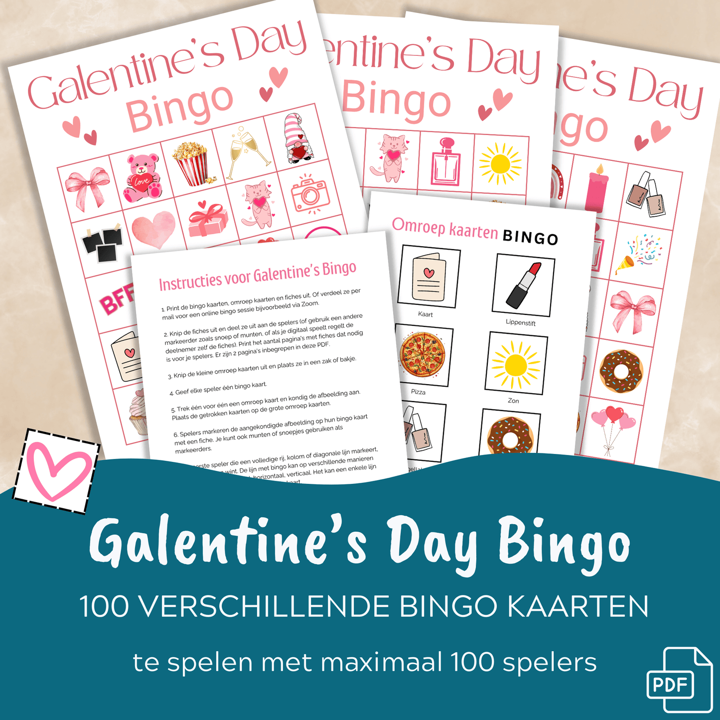 Galentine's Day bingo met 100 unieke kaarten als PDF om uit te printen