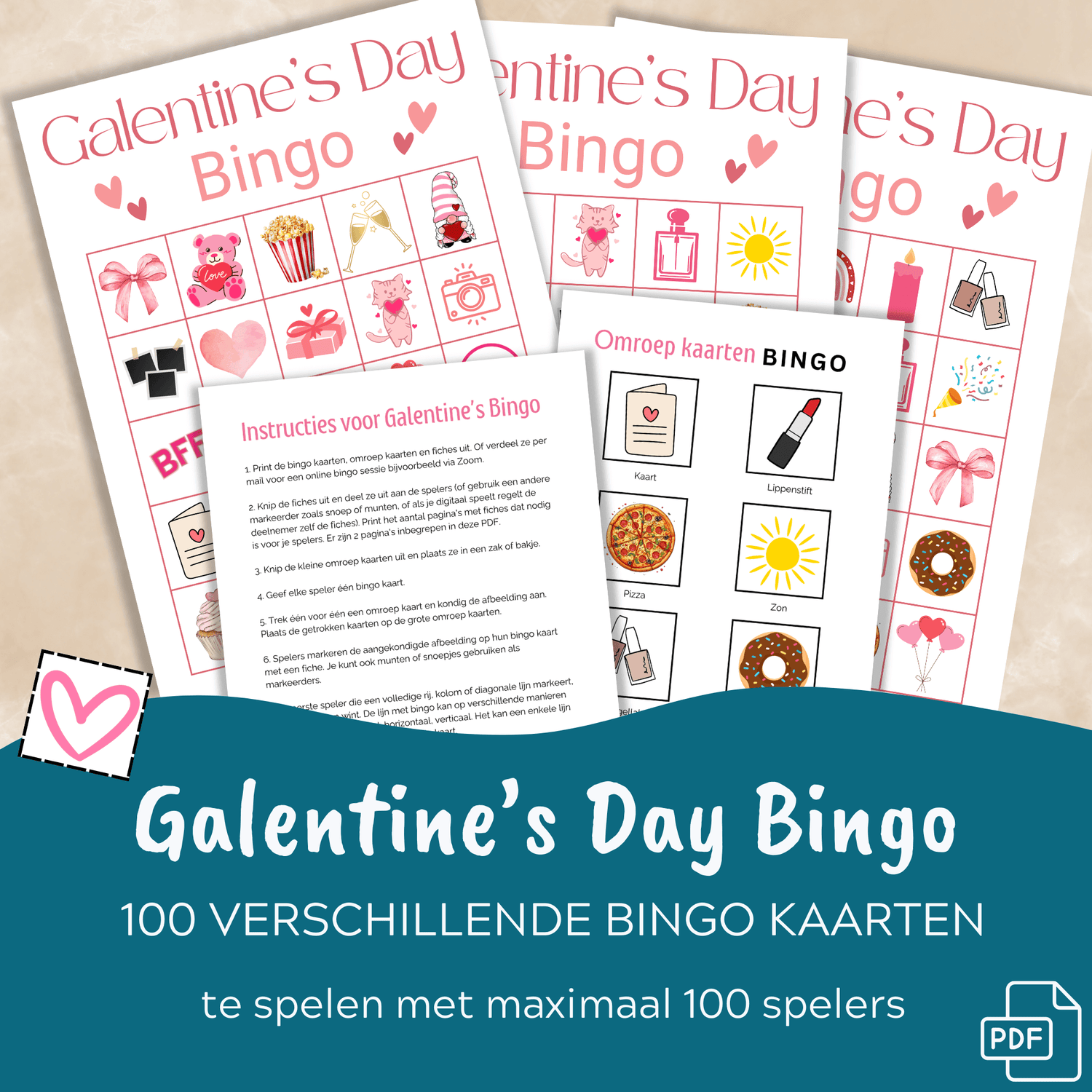 Galentine's Day bingo met 100 unieke kaarten als PDF om uit te printen