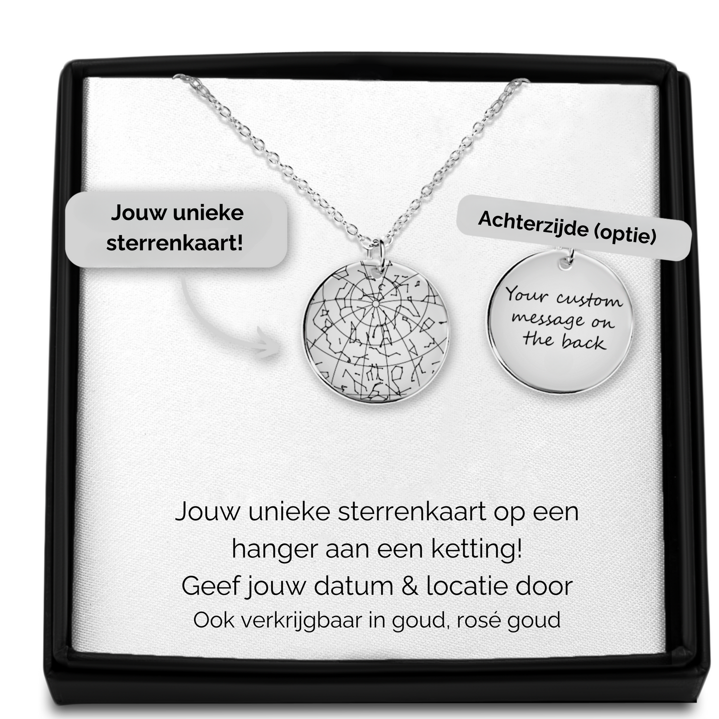 Gepersonaliseerde ketting met sterrenkaart van stand sterren datum en locatie