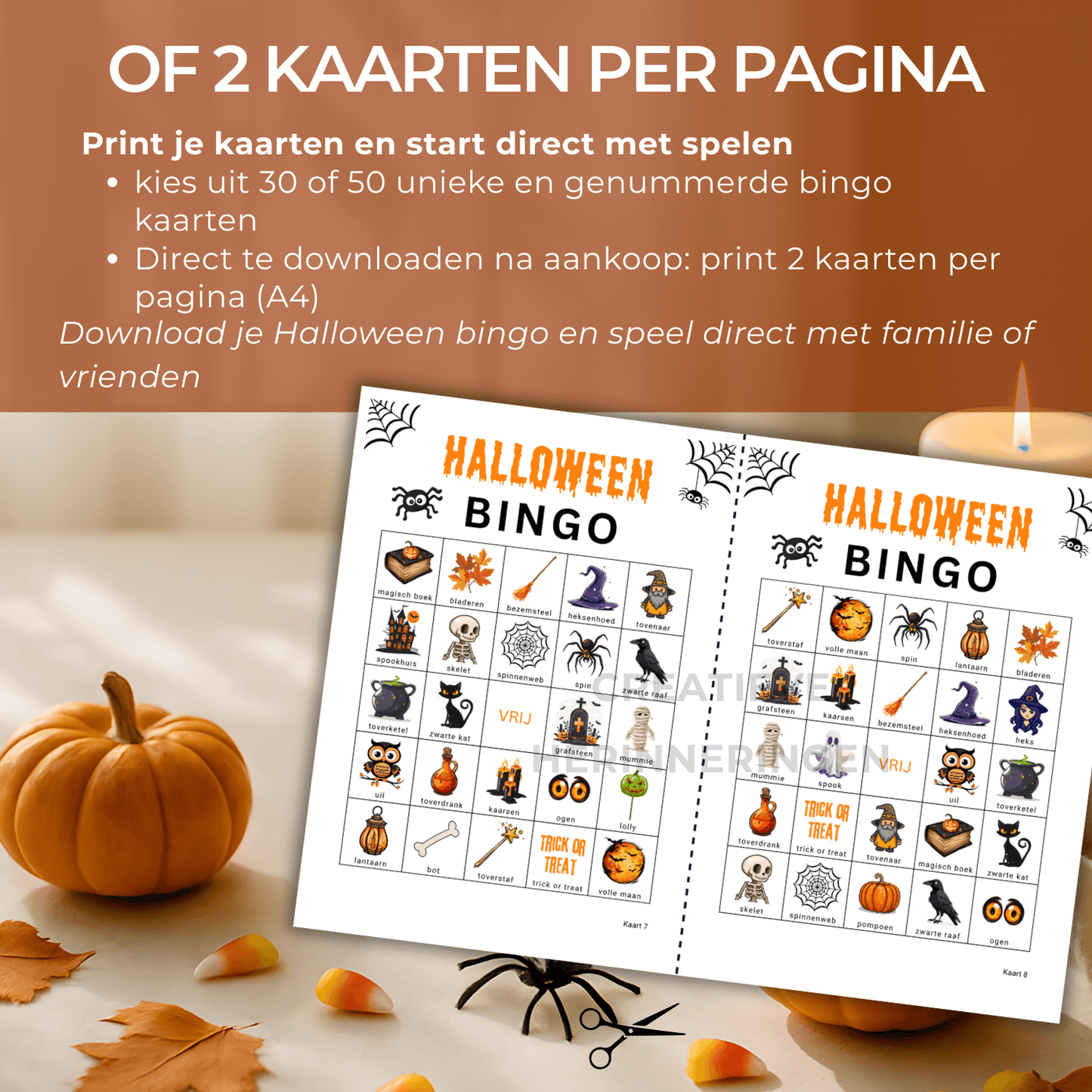 Speel Halloween bingo met 30 of 50 kaarten om te printen