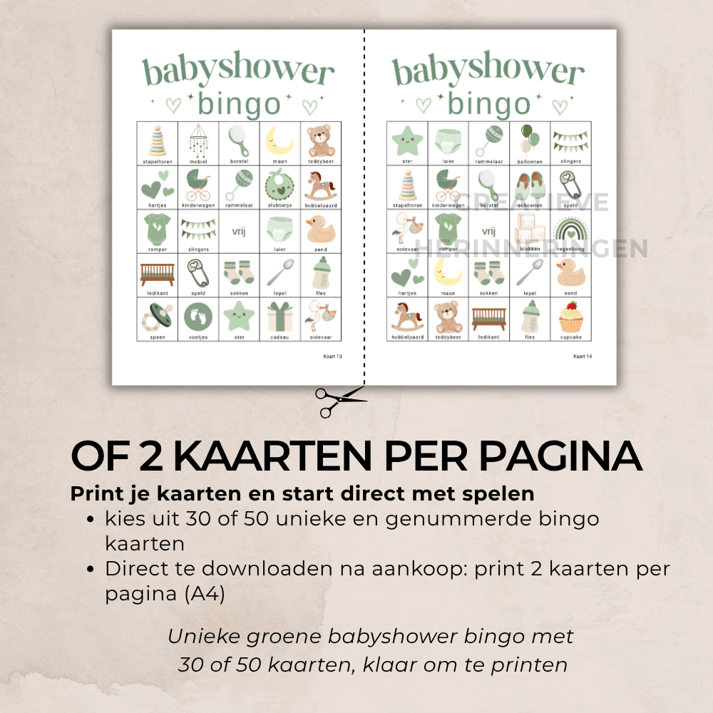 Te downloaden en printen groene bingo voor babyshower in moderne look