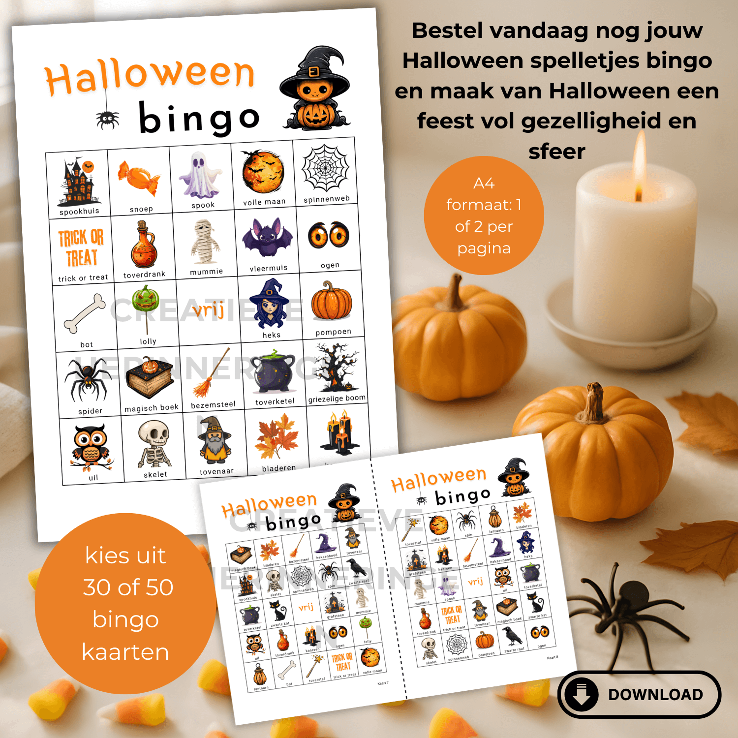 Gezelschapsspel Halloween bingo met kleurrijke kaarten om zelf te printen