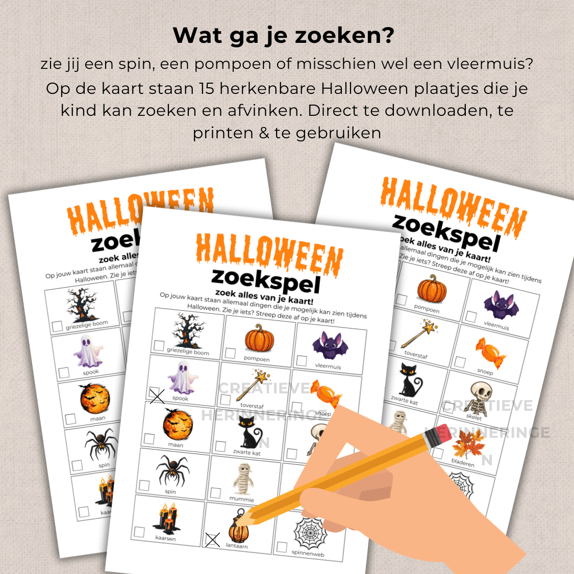 Halloween spelletje waarbij kinderen dingen zoeken en aankruisen, leuke Halloween activiteit voor buiten en binnen