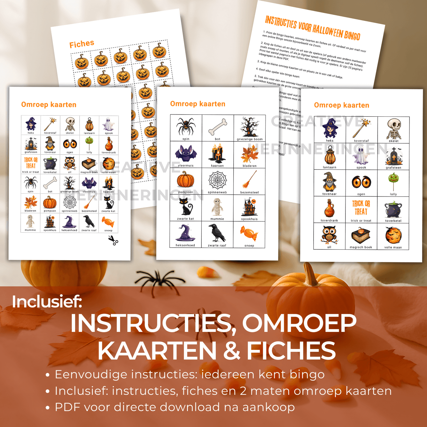 Spelletjesavond met Halloween bingo inclusief omroepkaarten, fiches en speluitleg