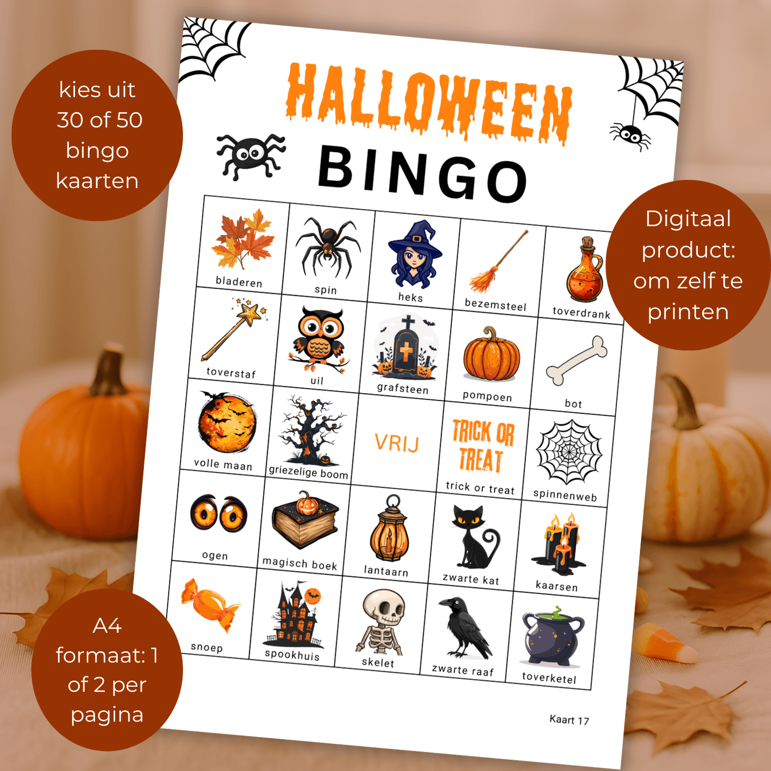 Halloween bingo spel als PDF met 50 verschillende kaarten